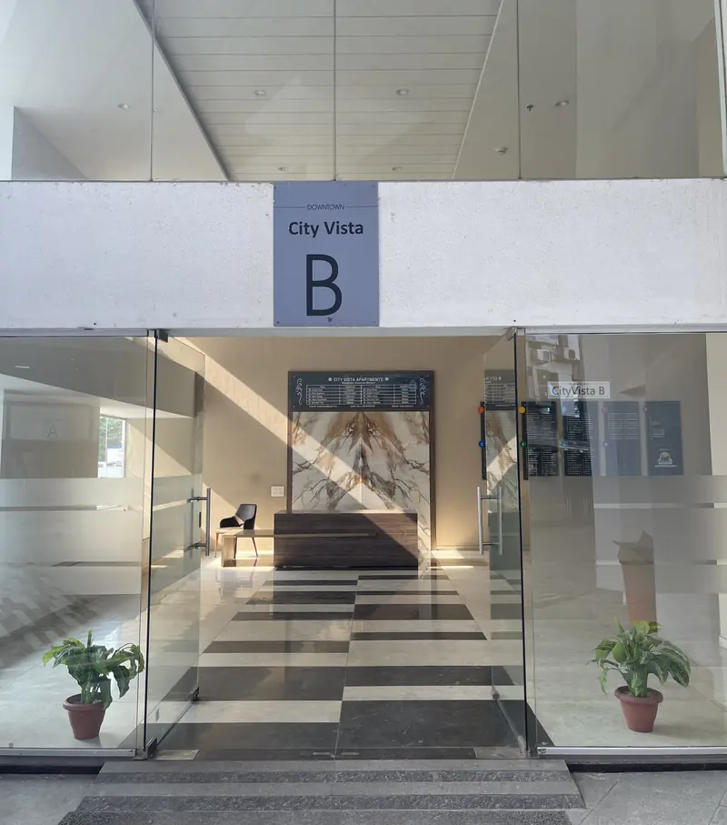 Glass entrance to City Vista Building B
